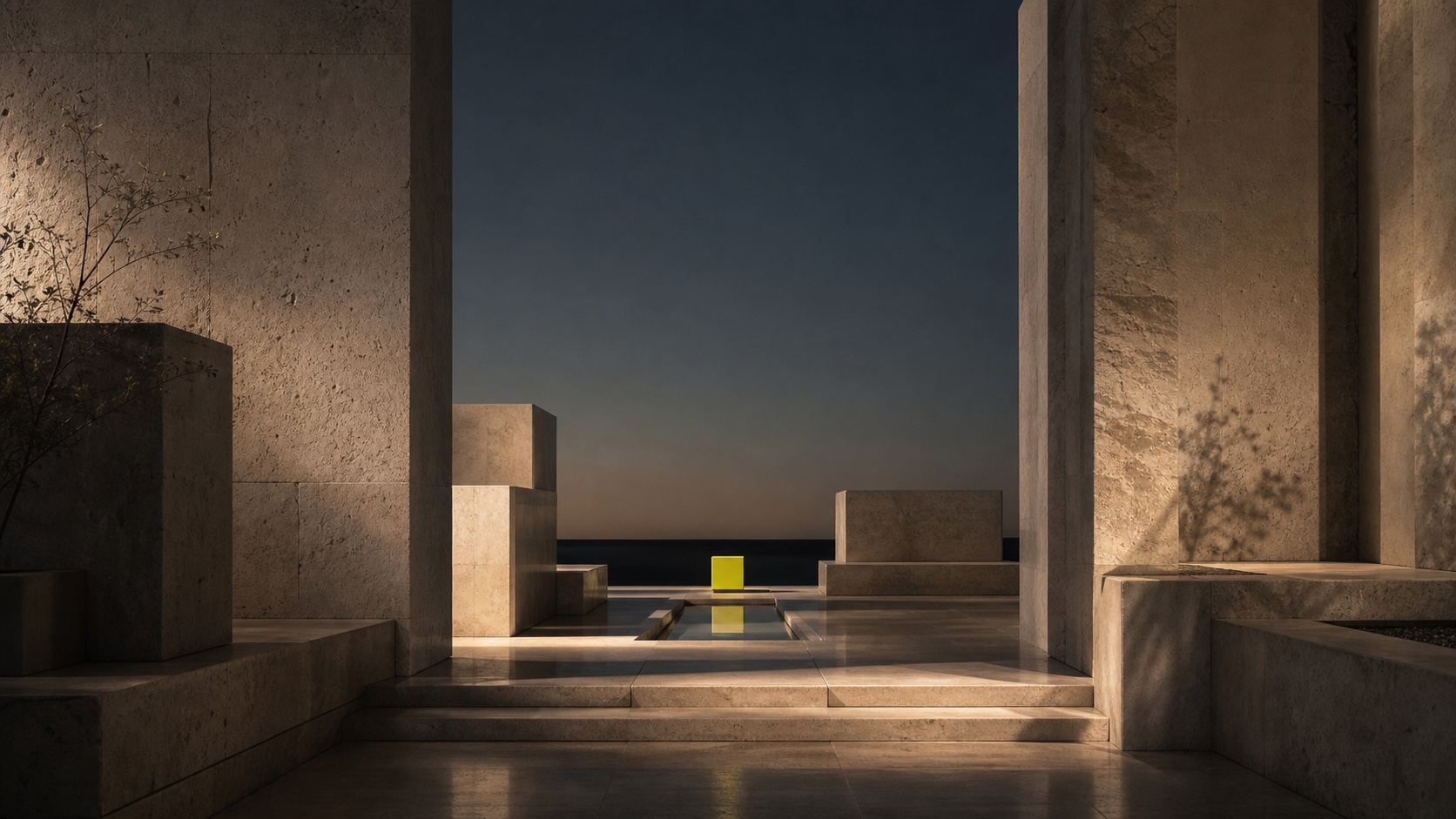 A monumental stone threshold opening toward an obsidian horizon marked by one chartreuse beacon.