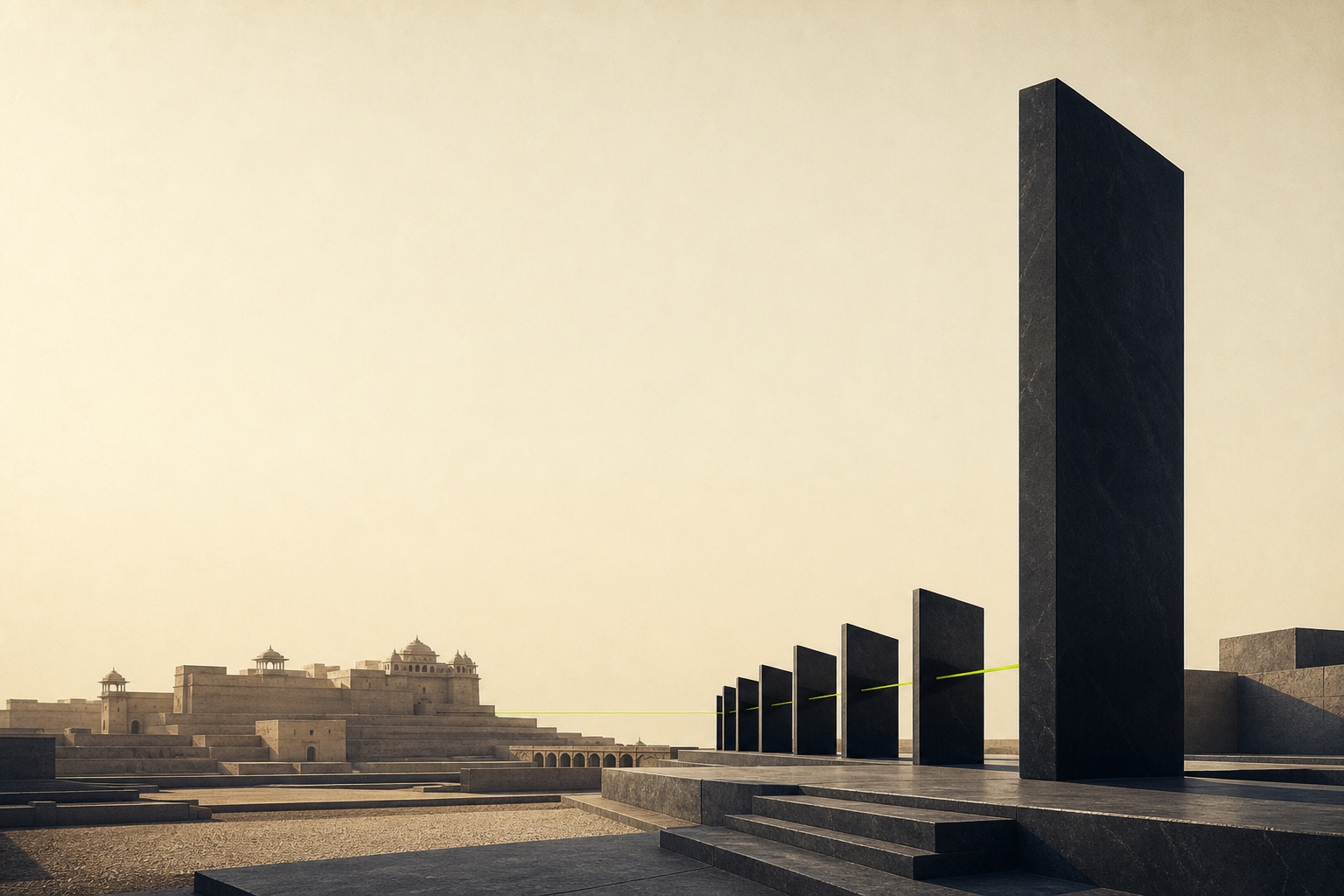 A cinematic architectural field of obsidian monoliths and warm Jodhpur light, used as TENZO's hero motion stage.