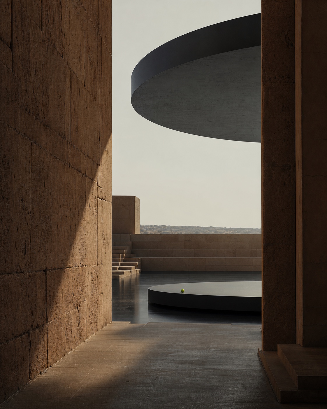 A conceptual sandstone threshold opening onto a precise obsidian courtyard in Jodhpur light.