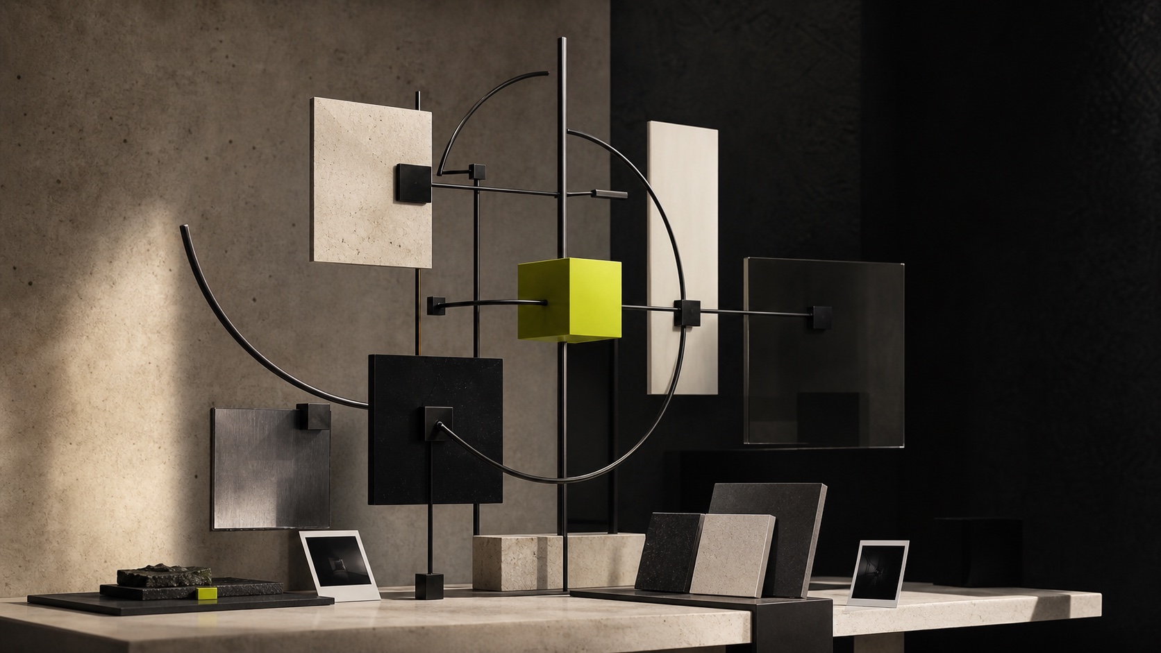 A tactile brand ecosystem sculpture of ivory, smoked glass, and blackened metal planes orbiting a chartreuse core.